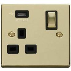 Wall Outlets on sale SE Home Polished Brass 1 Gang 13A dp Ingot 1 usb Switched Plug Socket Black Trim