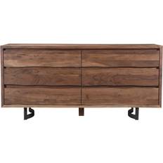 Furniture Bent 6-Drawers Black Acacia Wood Double Dresser Chest of Drawer