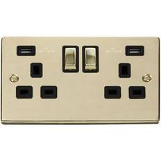 Wall Outlets on sale SE Home Polished Brass 2 Gang 13A dp Ingot 2 usb Twin Double Switched Plug Socket Black Trim