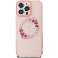 Guess IML Blumen Ring MagSafe Back Cover für iPhone 16 Pro Max Rosa