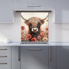 Splash Guards on sale Highland Cow And Summer Flowers Splashback 600mm x 650mm Splash Guard 60cm