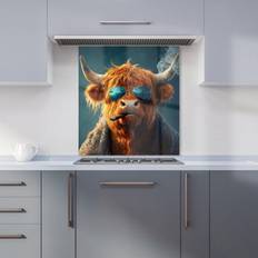 Blue Splash Guards Warren Reed Highland Cow With Glasses Splashback 600mm x 650mm - Blue Splash Guard 60cm