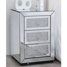Silver/Chrome Bedside Tables Comfy Living Diamond Crystal Mirrored 3 Drawer Bedside Table