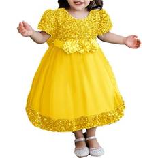 Polyester Nightgowns Children's Clothing Sequin Sparkle Party Dress - Yellow/Black