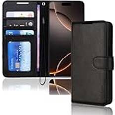 TechGear iPhone 16 Pro läderplånboksfodral, skyddande flipfodral [RFID-blockering] plånbok korthållare, stativ och handledsrem svart PU-läder med magnetisk stängning designad för iPhone 16 Pro 6,3