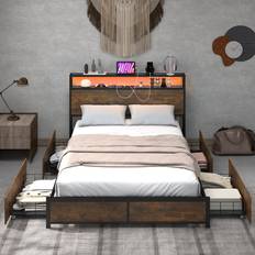 Double Bed Frame with LED Headboard - Brown