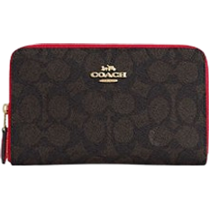 Coach Medium Id Zip Wallet In Signature Canvas - Gold/Walnut/Bold Red