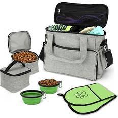 Pets Belle Vous Large Grey Dog Travel Bag with 2 Separate Bowls