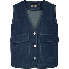 Dame - S Veste Pieces Fabia Denim Vest - Dark Blue