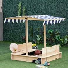 OutSunny Kids Wooden Sand Pit with Lids Children Sandbox Height Adjustable Canopy for Garden