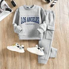 Boys Other Sets Children's Clothing Shein Young Boy Casual Letter Print Fleece Sweatshirt & Sweatpants Set