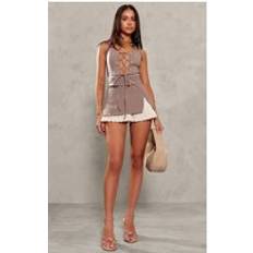 PrettyLittleThing Taupe Woven Lace Up Foldover Detail Mini Dress
