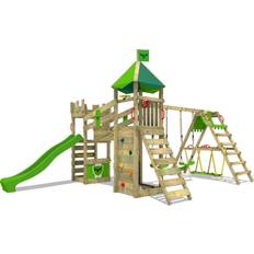 Fatmoose Fatmoose Wooden climbing frame RiverRun with swing set SurfSwing and slide, Knight's playhouse with sandpit, climbing ladder & play-accessories