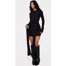 PrettyLittleThing Heavy Brushed Rib Wrap Tie Bodycon Dress - Black