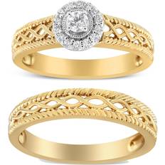 Haus of Brilliance 14K Yellow Gold Plated .925 Sterling Silver 1/5 Cttw Diamond Halo Engagement Ring and Wedding Band Set (I-J Color, I3 Clarity)