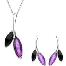 Women Jewellery Sets C. W. Sellors Sterling Silver Whitby Jet Amethyst Two Stone Leaf Set