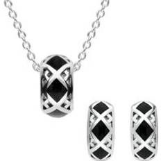 Silver Jewellery Sets C. W. Sellors Sterling Silver Whitby Jet Curved Crossover Two Piece Set