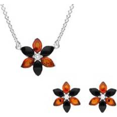 Mujer - Plata Conjuntos de joyas C. W. Sellors Sterling Silver Whitby Jet Amber Flower Two Piece Set