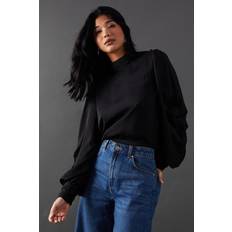 Clothing Warehouse Premium Satin High Neck Pleat Detail Blouse - Black