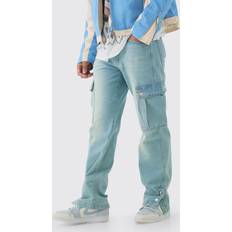 boohooMAN Mens Relaxed Rigid Popper Hem Cargo Washed Jeans - Antique Blue