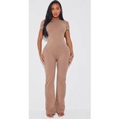 PrettyLittleThing Shape Mocha Sculpted Short Sleeve Jumpsuit - Coffee