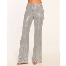 Silver - Women Trousers Ramy Brook Olivian Beaded Flare Pant - Dove Grey Beaded Mesh