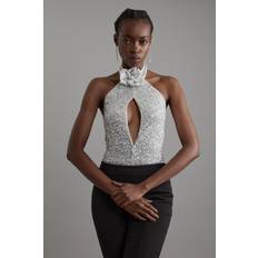 Silver - Women Underwear Karen Millen Highneck Backless Rosette Sequin Bodysuit - Silver