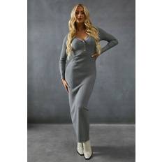 Clothing Misspap Knitted Gold Trim Detail Plunge Bodycon Midaxi Dress - Slate Grey