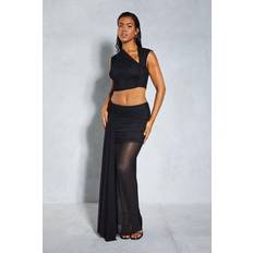 Clothing Misspap Black Mesh Sleeveless Cut Out Detail Top & Ruched Maxi Skirt