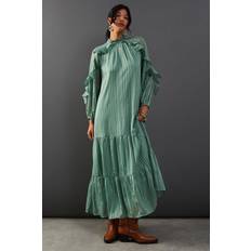 Warehouse Shadow Stripe Tie Back Neck Ruffle Tier Midi Dress - Olive