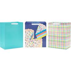 Hallmark 13" Large Birthday Gift Bag Bundle (3 Bags: Rainbow Confetti Cake, Plaid, Solid Teal Blue)