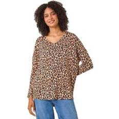 Grey Blouses Roman Animal Print V-Neck Tunic Stretch Top - Beige