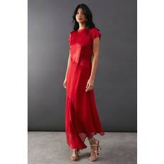 Clothing Warehouse Satin Georgette Panelling Asymmetric Hem Midi Dress - Red