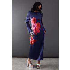 Clothing Warehouse Floral Placement Print Satin Midi Dress - Navy