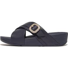 Slides Lulu Crystal-Buckle Leather Cross Slides - Midnight Navy