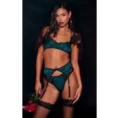 Green Lingerie Sets PrettyLittleThing Satin Underwired Lingerie Set 3 Piece - Green