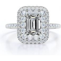 JeenMata Jeen Trading LLC, 1.5 Carat Emerald Cut Moissanite Engagement Ring Bridal Ring Double Halo Ring Cluster Ring 18k White Gold Over Silver