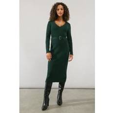 Clothing Wallis Womens V Neck Belted Knitted Midi Dress - Forest