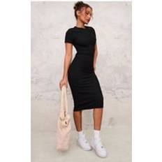 PrettyLittleThing Black Ribbed Short Sleeve Crew Neck Midi Dress