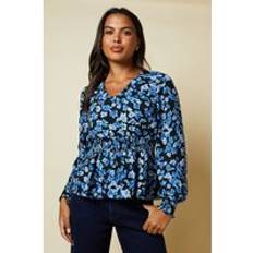 Clothing Dorothy Perkins Womens Blue Floral V Neck Shirred Waist Blouse