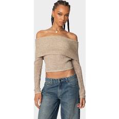 Beige - Women Blouses Edikted Lili Fold Over Knit Top - Beige