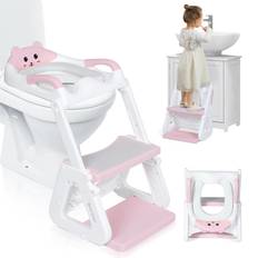 Orzbow 2-IN-1 Potty Training Toilet Seat with Step Stool for Toddler, Stability Training Potty Seat for Kids Boys Girls with Splash Guard and Anti-Slip Pad, Adjustable Ladder & Potty Seat Height, Pink