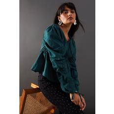 Cotton Tie Front Volume Sleeve Blouse - Dark Green