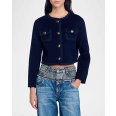 Viscose - Women Jackets Sandro Wool Contrast-Trim Jacket - Blue