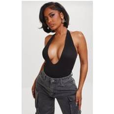 Ribbad Bodys PrettyLittleThing Shape Black Ribbed Halterneck Plunge Bodysuit