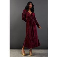 Burnout Velvet Batwing Midi Dress - Burgundy