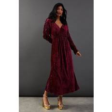 Clothing Warehouse Burnout Velvet Batwing Midi Dress - Burgundy