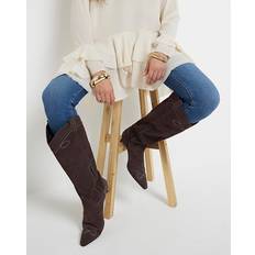 River Island Knähöga Cowboyboots I Mocka Med Hög Klack - Bruna
