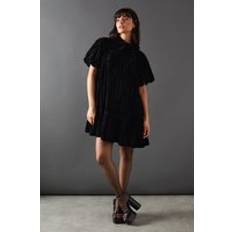 Warehouse Velvet Crinkle Tie Neck Puff Sleeve Tier Hem Mini Dress - Black