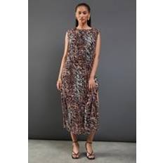 Clothing Warehouse Printed Plisse Shoulder Pad Sleeveless Midi Dress - Animal